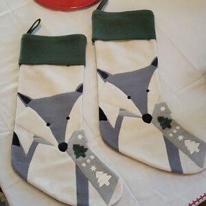 Crate And Barrel Felt Gray and Green Fox Christmas Stockings